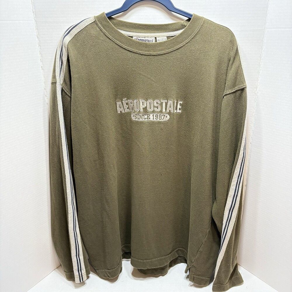 Vintage Aeropostale Crewneck Sweatshirt XL Green Striped Long Sleeve Y2K 90s WPL